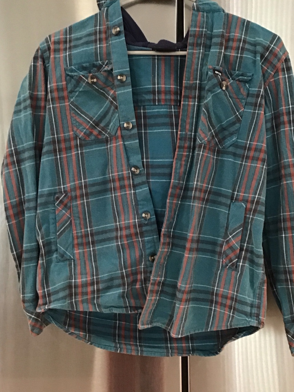 Rip Curl Teal Plaid Shirt with Coral Stripes